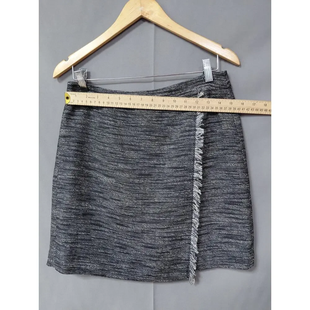 Loft Gray Tweed Fringe Trim Faux Wrap Skirt Solid Lined Women Size 8